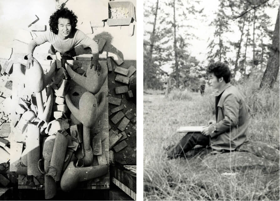 Jun Kaneko with works from kiln at his Temple City, CA studio, 1971. Drawing outdoors, 1963.