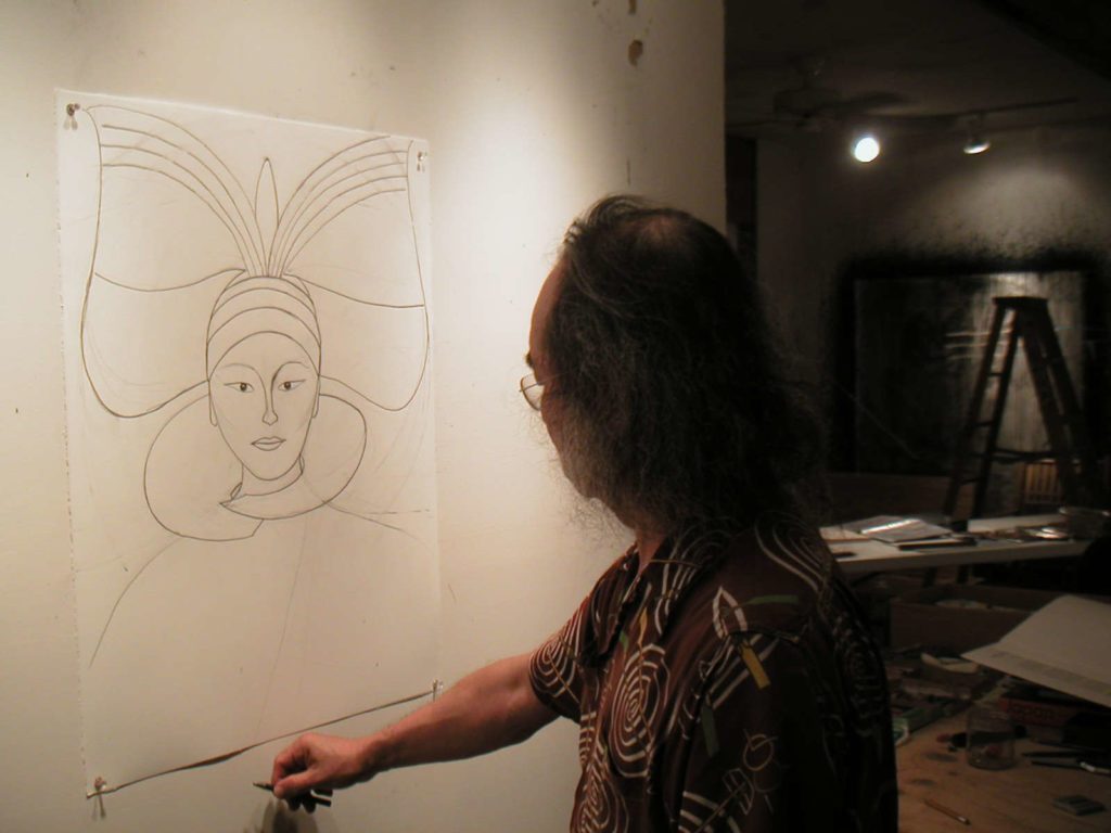 Jun Kaneko drawing character designs for Madame Butterfly.